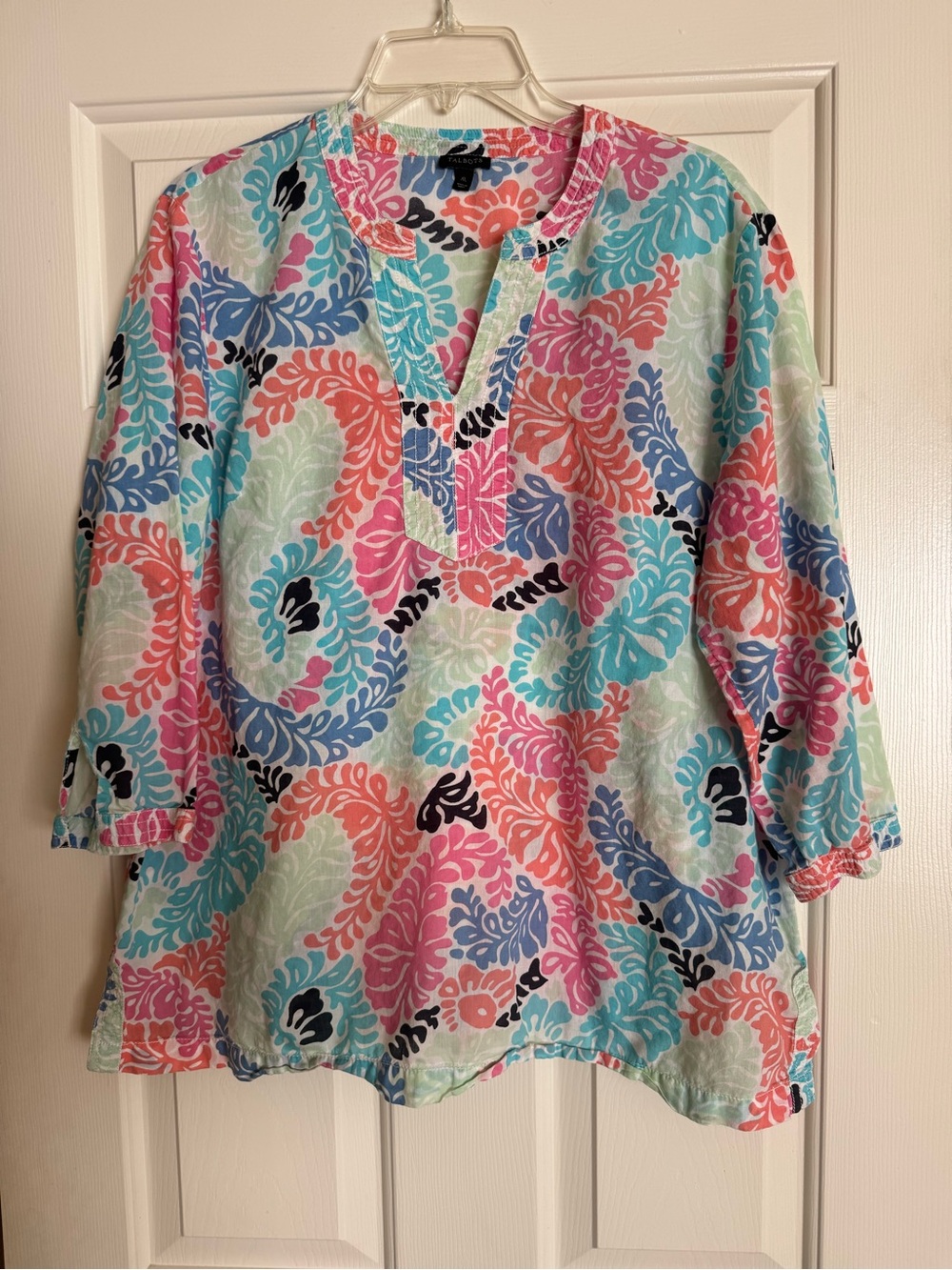 Talbots Women's XL Pink Blue Botanical Print Tunic Blouse 3/4 Sleeve